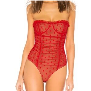 MAJORELLE Red and Tan Lace Trim Bodysuit